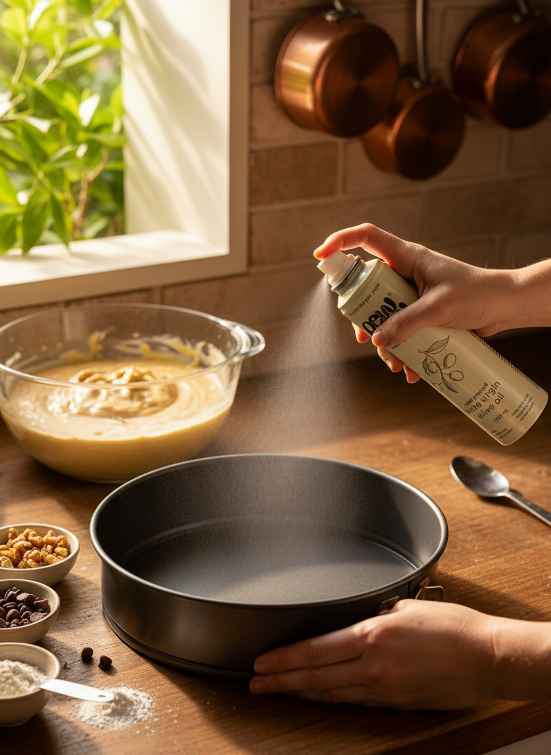Person preparing a baking dish with a spray bottle in a kitchen.